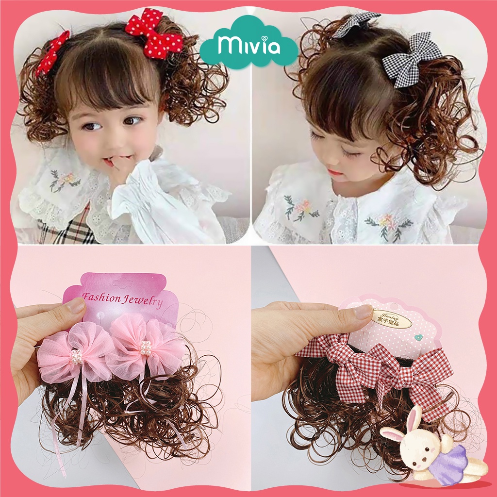 Kẹp tóc giả bé gái set 2, tóc giả đính nơ cho bé siêu xinh siêu yêu, siêu điệu