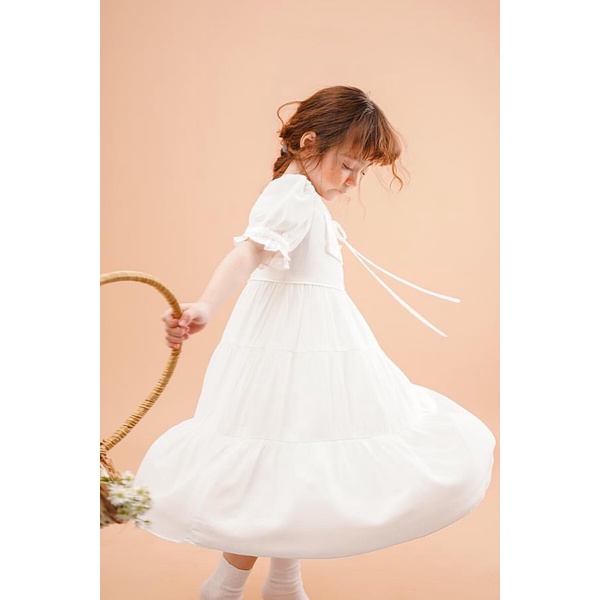 Đầm maxi hai màu, đầm tay nhún, đầm xòe, đầm đi biển, đi chơi, đi học cho bé gái 013733