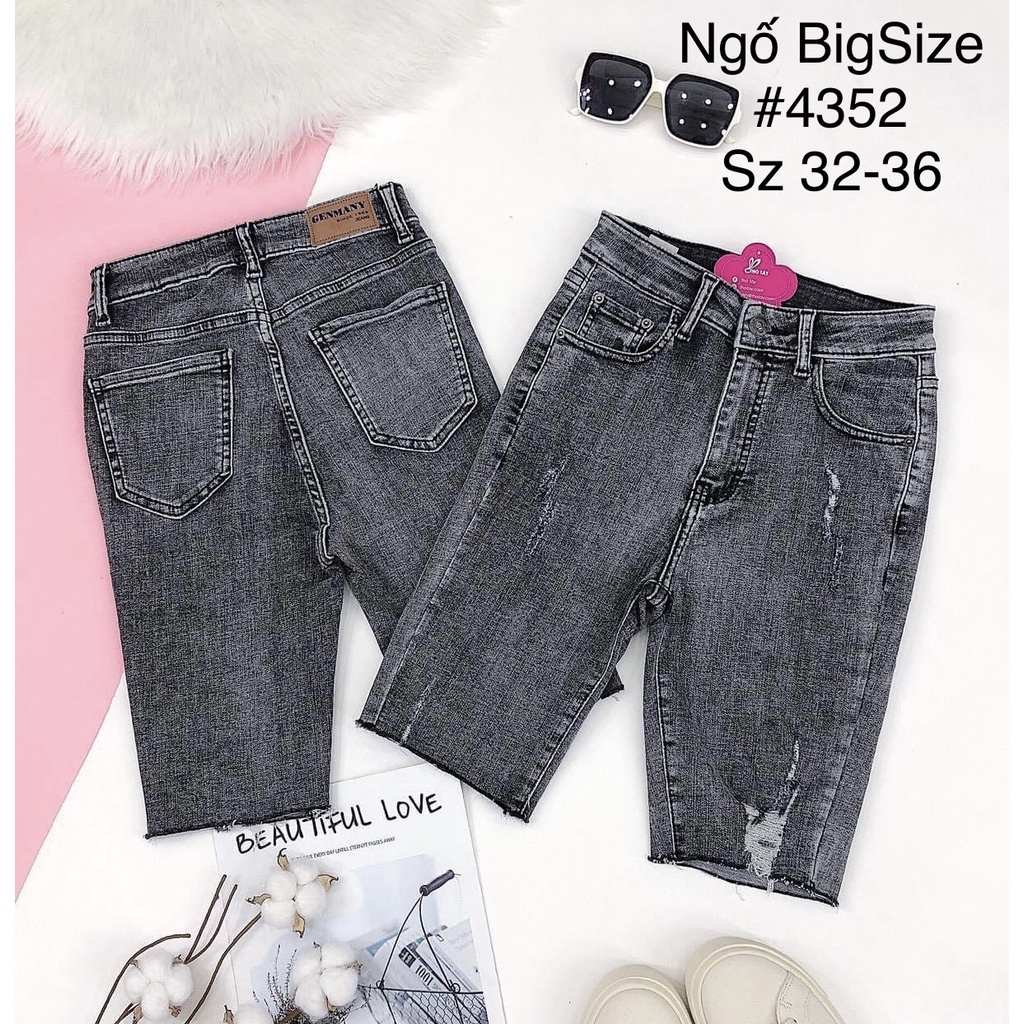 Quần jeans ngố lửng Big Size co dãn mạnh, màu xám rách xước, lưng cao 4352 4350
