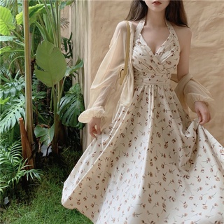 Bộ Áo Khoác Cardigan + Đầm Hai Dây Vải Voan Mỏng In Hoa Chống Nắng Thời Trang Mùa Hè Cho Nữ