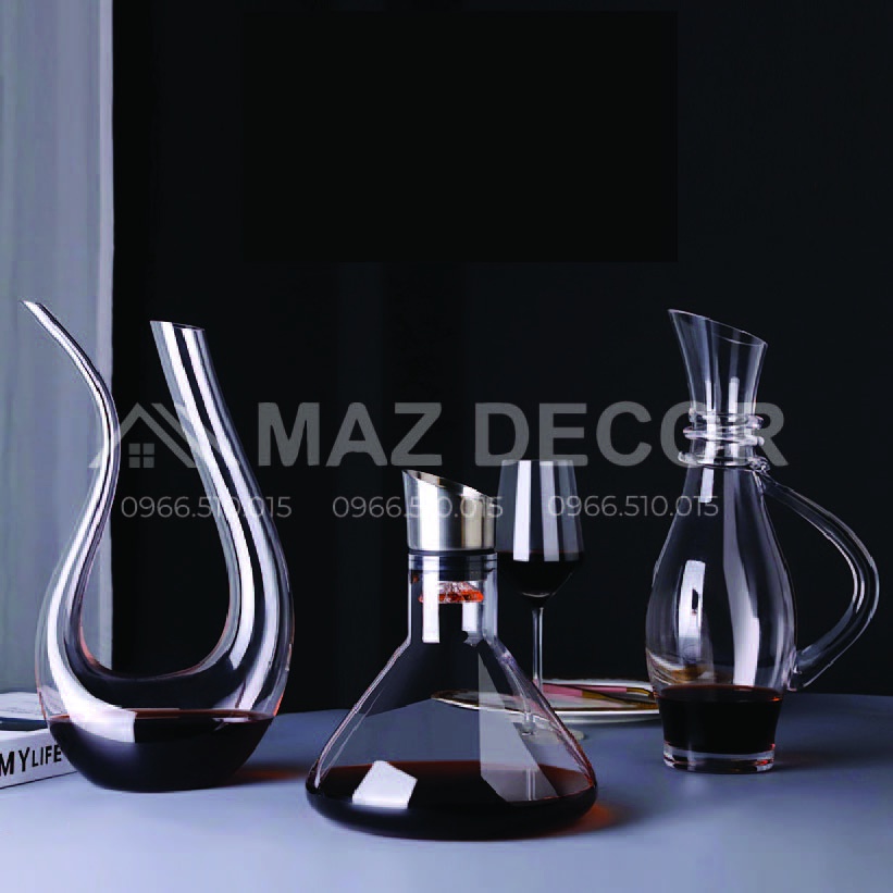 Giá xưởng Nhiều mẫu bình thở thủy tinh rượu vang Decanter chiết miệng vát thổi thủ công dày dặn kiểu dáng đa dạng