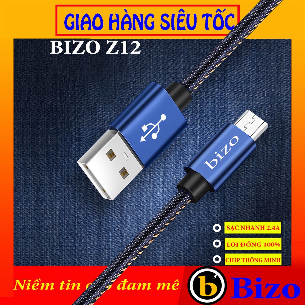 [BH 12 THÁNG] Dây sạc nhanh iphone, samsung, USB type C bọc vải denim siêu bền Bizo Z12, 5V - 2,4A, Công nghệ bizo