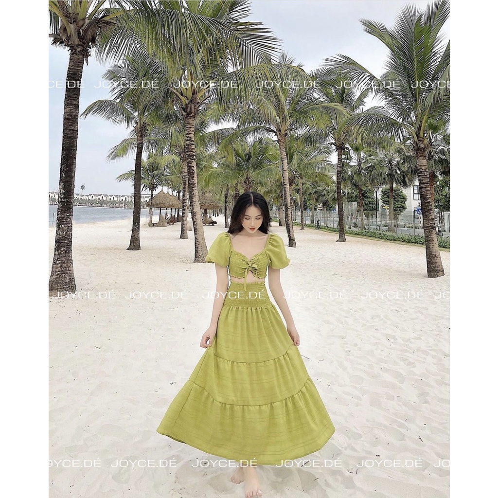 SET CROP XANH BOCHUN RÚT DÂY NGỰC + CHÂN VÁY MIDI