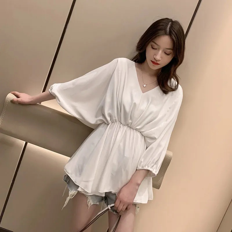 Áo Sơ Mi Chiffon Cổ Chữ V Tay Ngắn Chiết Eo Phong Cách Hàn Quốc Dành Cho Nữ 40-80KG