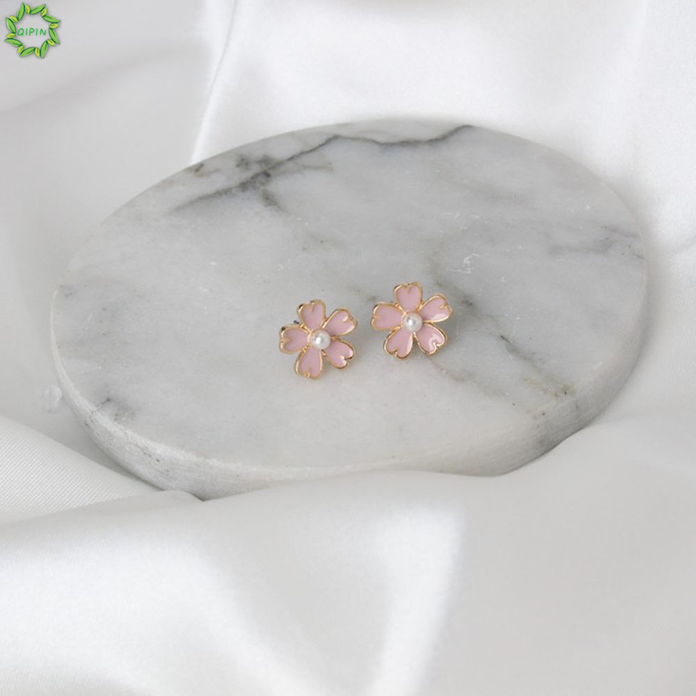 Bông Tai Hình Hoa Màu Hồng Đính Ngọc Trai Đơn Giản Đáng Yêu Theo Phong Cách Hàn Quốc