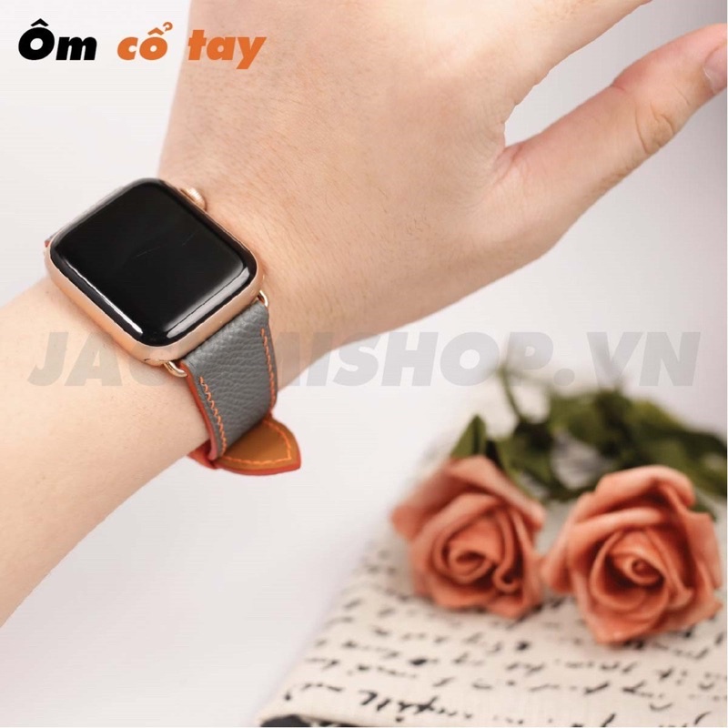 [BẢO HÀNH 1 NĂM] Dây Da EPSOM may tay thủ công màu Xám chỉ Cam khóa Bướm cho Apple Watch series 1/2/3/4/5/6/7