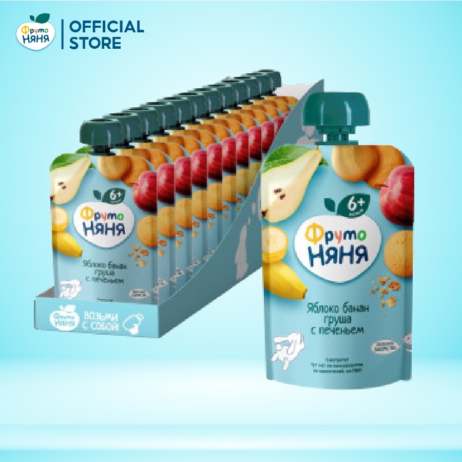 Thùng 12 Gói Trái cây nghiền vị táo, chuối, lê và bánh quy Fruto Nyanya 90g/gói