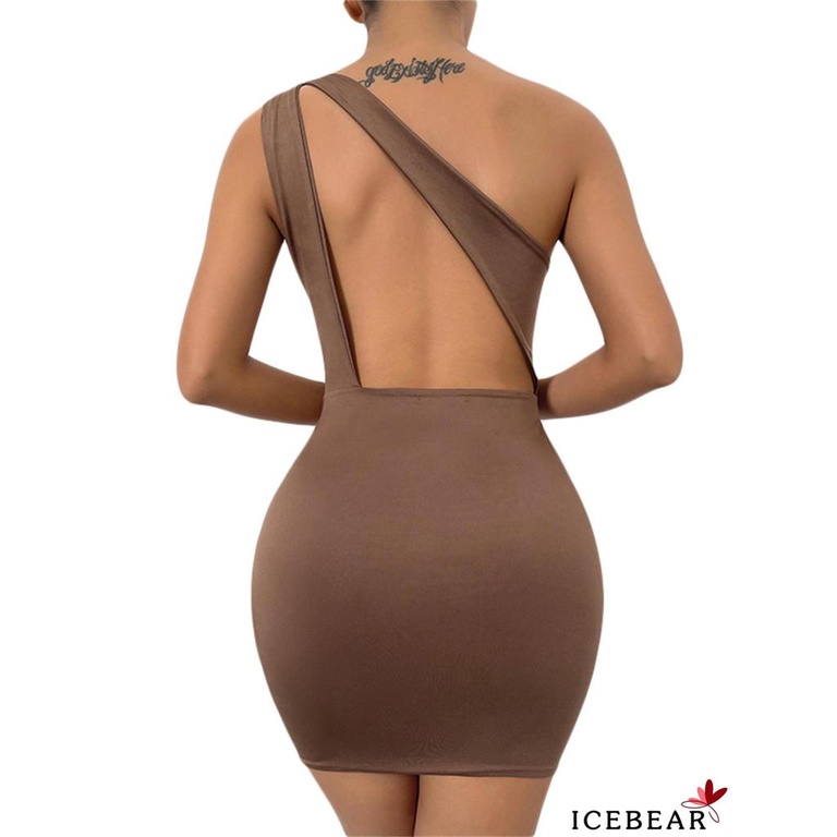 ICE-Women One Shoulder Dresses Solid Color Hollow Out Ruched Slit Bodycon Mini Short Dress for Beach, Date