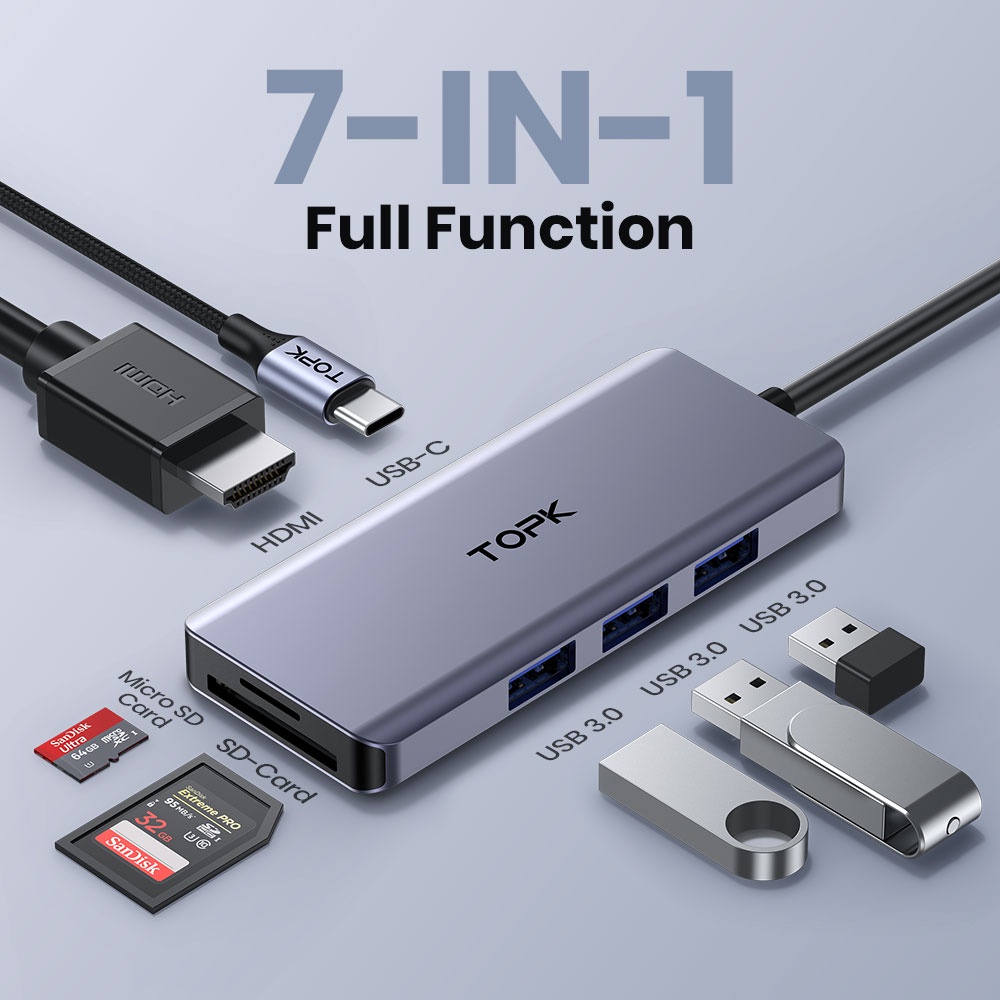 TOPK LH-71 USB C Hub 7 trong 1 Dongle USB-C to HDMI 4K Multiport Adapter, Công suất 100W, 3 cổng USB 3.0 Đầu đọc thẻ SD / TF Tương thích cho MacBook Pro XPS Nhiều thiết bị loại C hơn