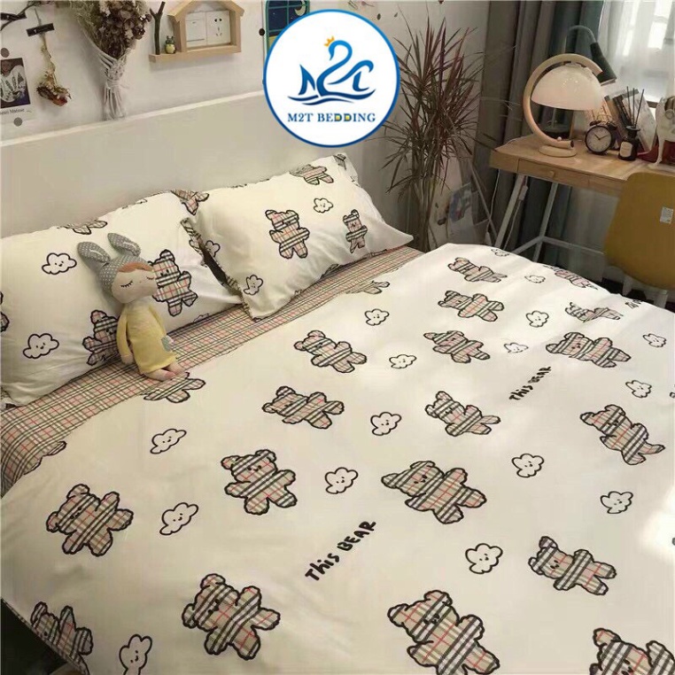 Bộ chăn ga gối Cotton poly M2T bedding Gấu trắng BBR, vỏ chăn mền, drap nệm và 2 vỏ gối
