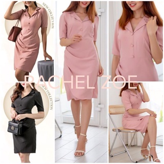 [HÀNG MỸ] Đầm công sở RACHEL ZOE đũi lụa cổ V nút giữa dúng eo tay ngắn hồng pastel, đen