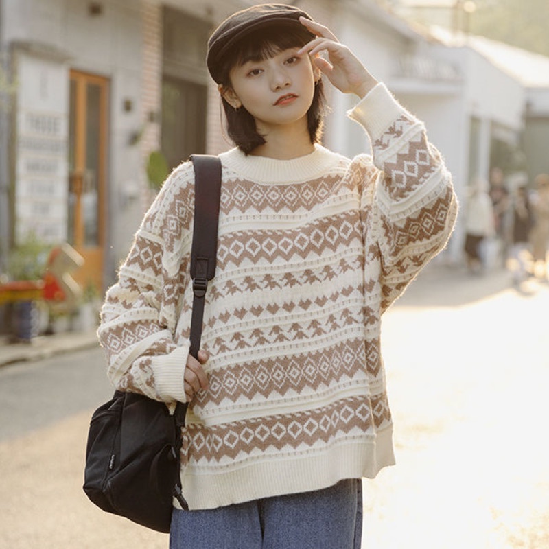 Áo sweater tay dài cổ tròn dáng rộng thời trang xinh xắn cho nữ