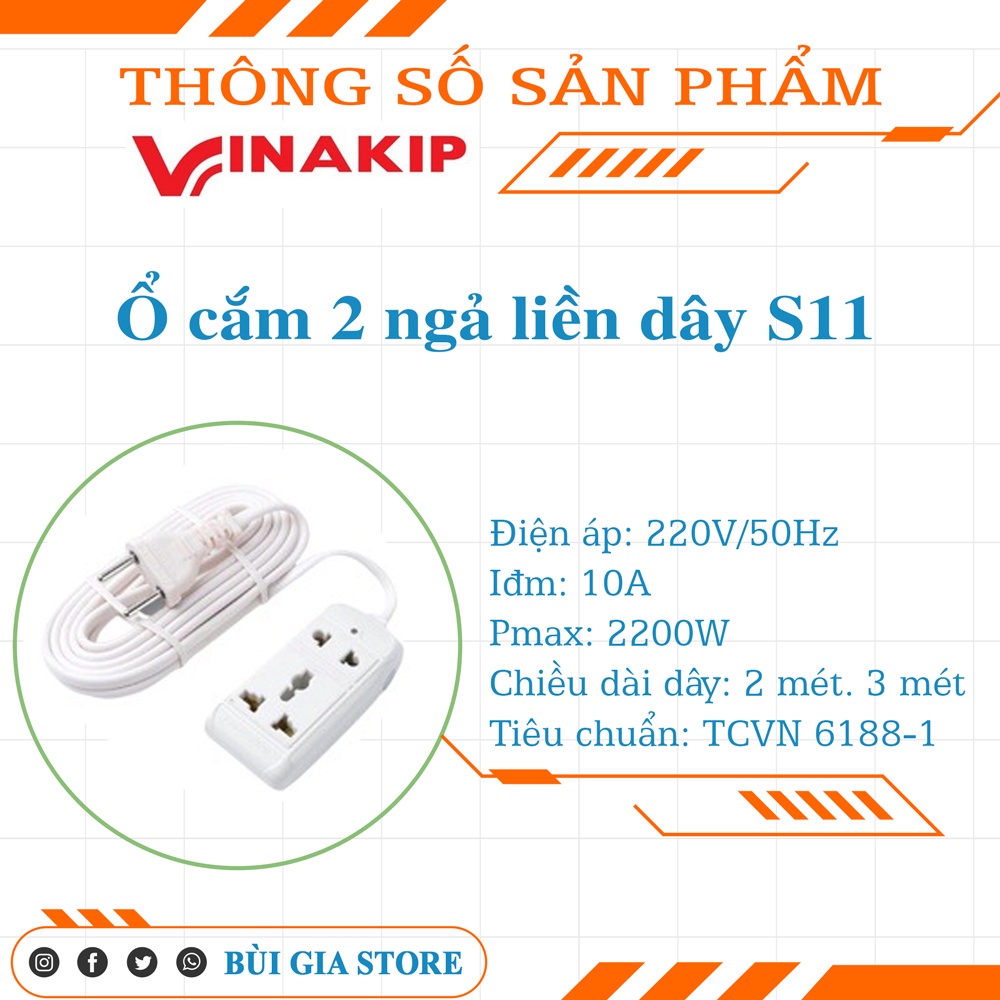 Ổ cắm điện 2 ngả liền dây Vinakip S11 - Bảo hành chính hãng 12 tháng