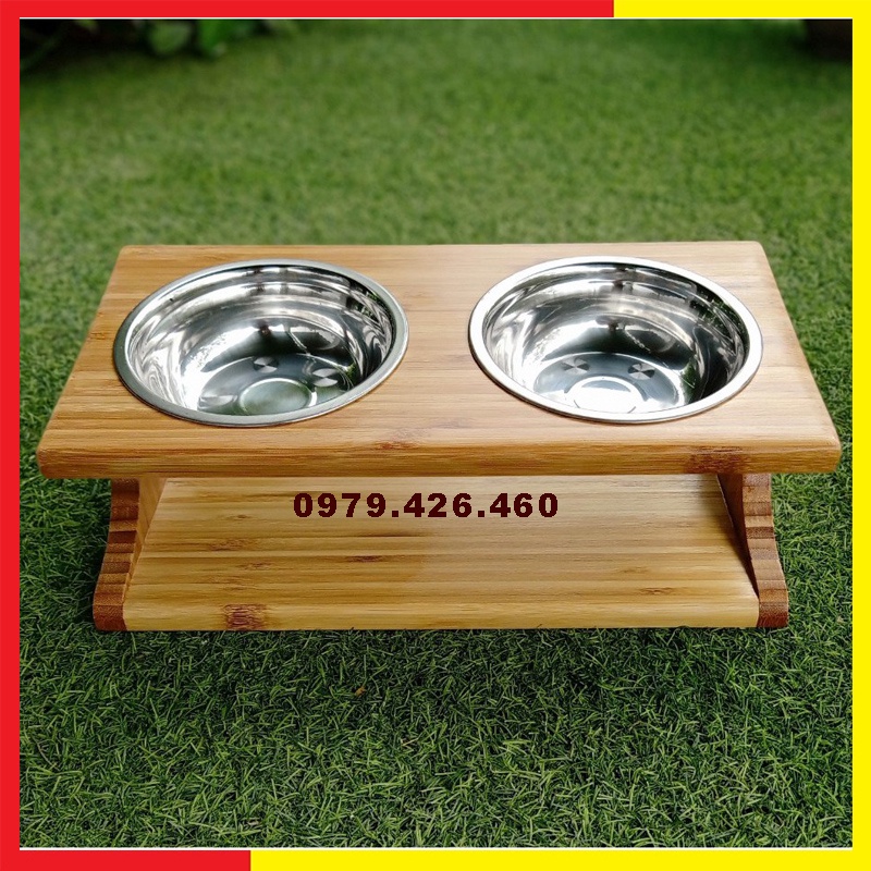 Khay Gỗ Ăn Uống Cho Chó Mèo Bằng Gỗ Tre Ép Thanh,Chống Cong Vênh Mối Mọt Tặng Kèm Bát Inox- Khay Ăn Uống Cho Cún