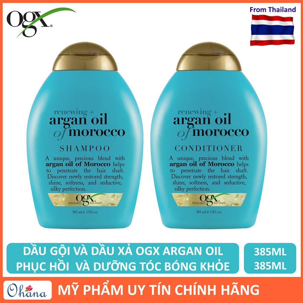 Bộ 2 Chai Dầu Gội Và Dầu Xả Phục Hồi Hư Tổn, Tóc Bóng Khỏe OGX Renewing + Argan Oil Of Morocco (385ml/Chai) - Xanh