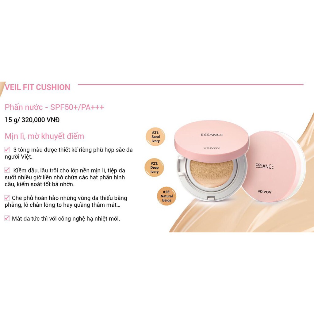 Phấn nước mịn lì mờ khuyết điểm Essance Veil Fit Cushion SPF50+ PA+++ 15g