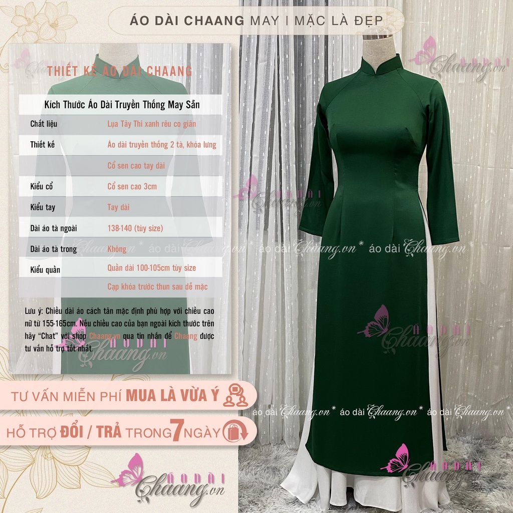 Áo dài xanh rêu CHAANG dáng áo dài lụa truyền thống vải tây thi mềm co giãn tốt