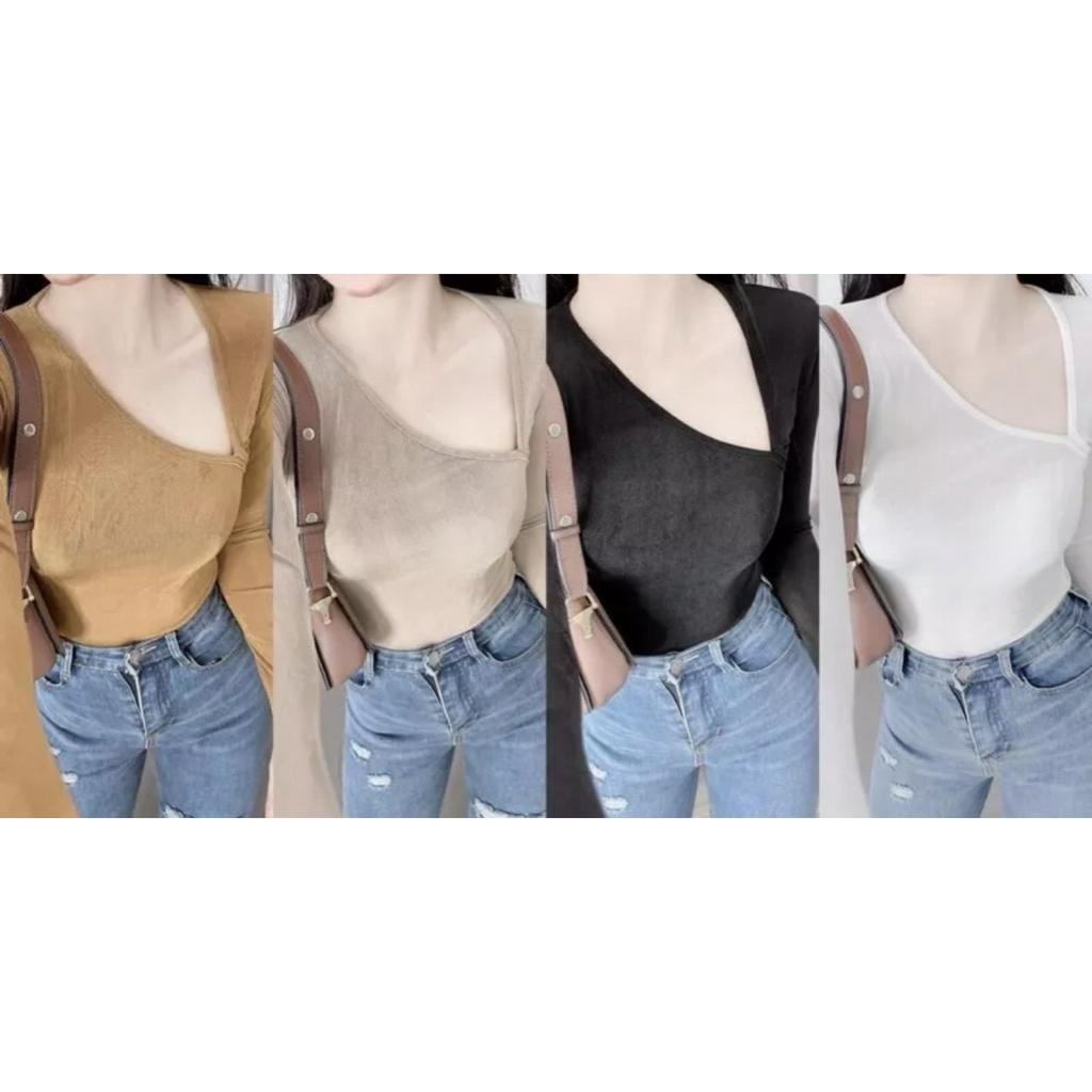 Áo nhũ cổ chéo khoét sâu tay dài ôm body chất cogiãn lyie