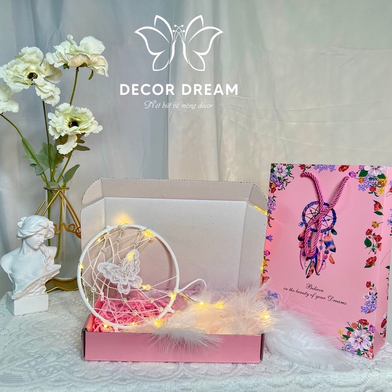 Dreamcatcher có đèn, gửi ước nguyện theo gió, lông vũ/lông tơ, decor phòng ngủ