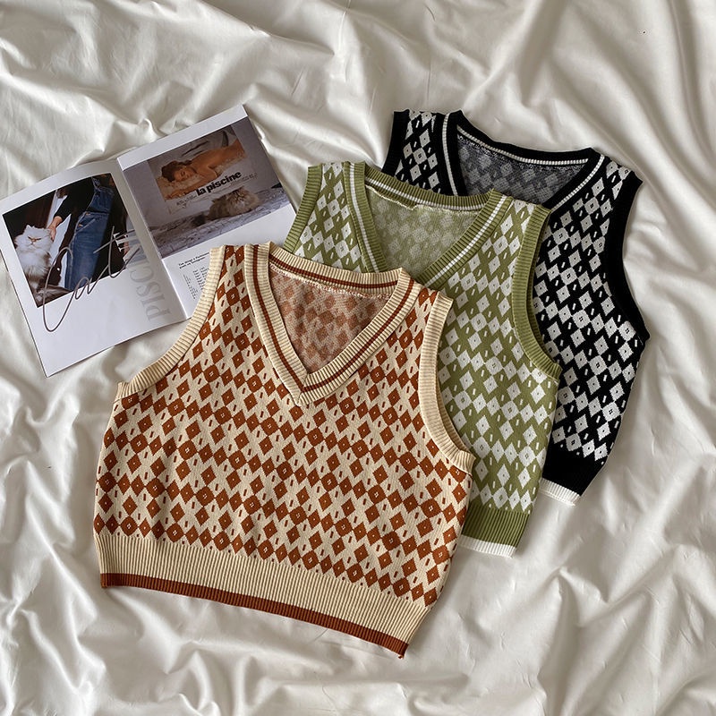 Áo dệt kim không tay đính đá họa tiết sọc caro phong cách Hàn Quốc thời trang xuân thu dễ phối đồ