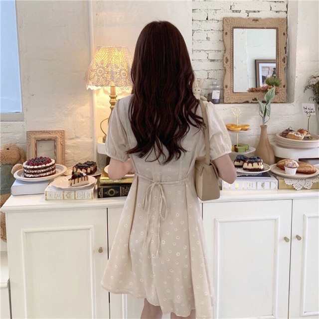 Váy hoa cúc cổ tròn cộc tay hai màu - đầm hoa cúc vintage (hình shop tự chụp/sẵn) | BigBuy360 - bigbuy360.vn