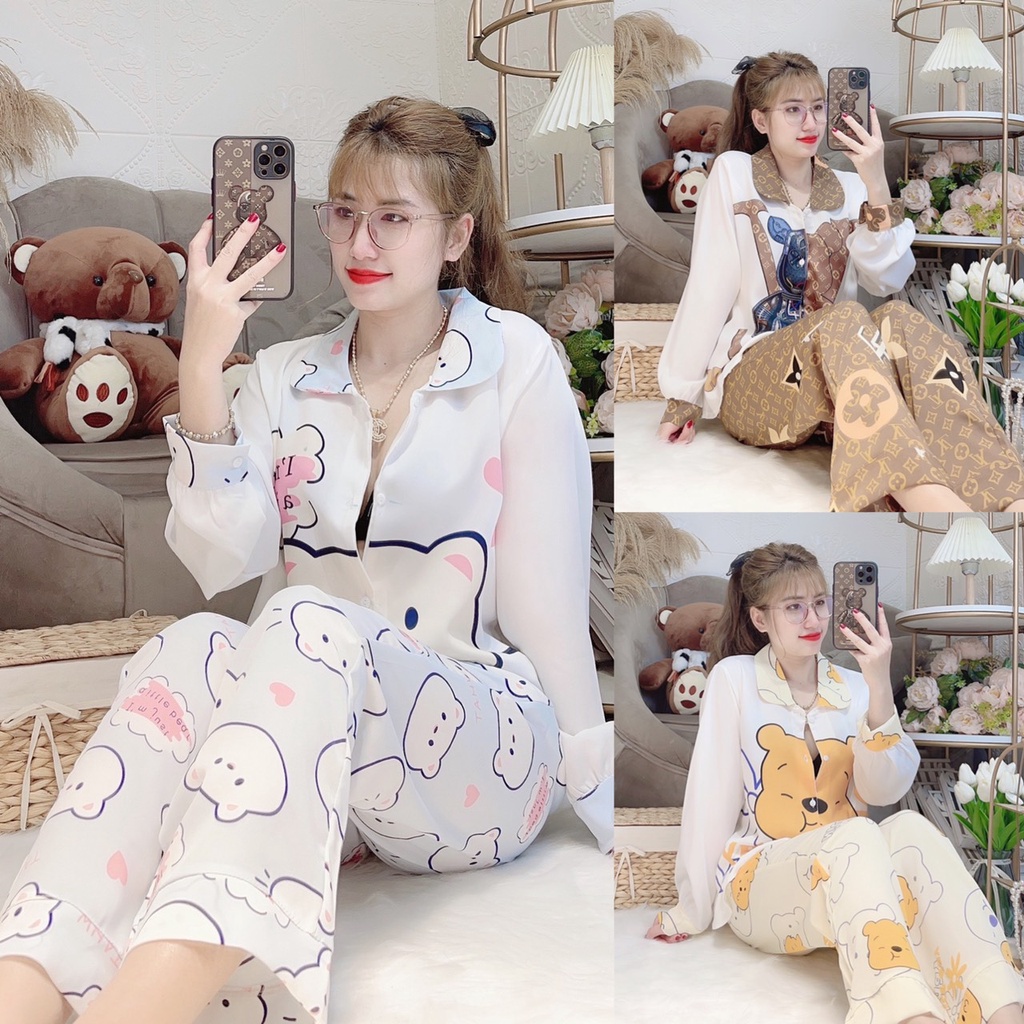 Pijama Lụa MANGO Cổ Sen Tay dài quần dài, Chuẩn Hot Girl Nhà Sam...form dưới 60kg.