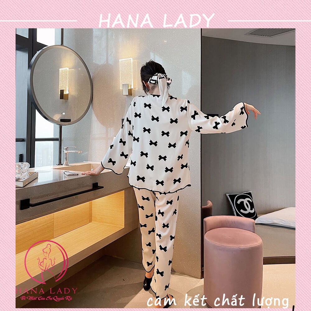 Đồ ngủ nữ - Bộ ngủ lụa pijama dài tay mặc nhà họa tiết nơ cao cấp Hana Lady PJ504
