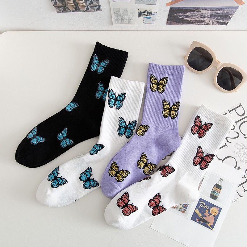 Vớ Cotton Dài Màu Trơn Họa Tiết Bướm Xinh Xắn Thời Trang Mùa Thu Cho Nữ