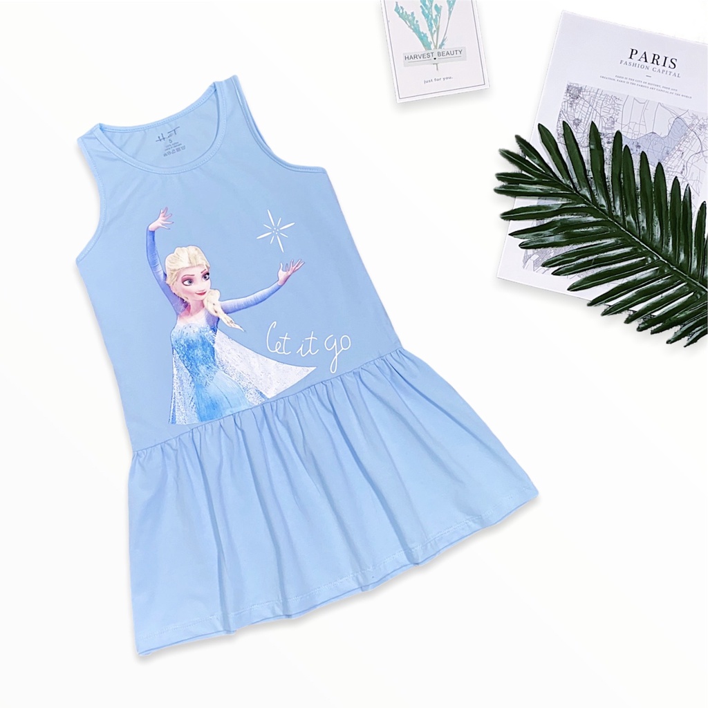 Đầm hè cotton bé gái Elsa sát nách, Váy thun cotton bé gái 14-30kg