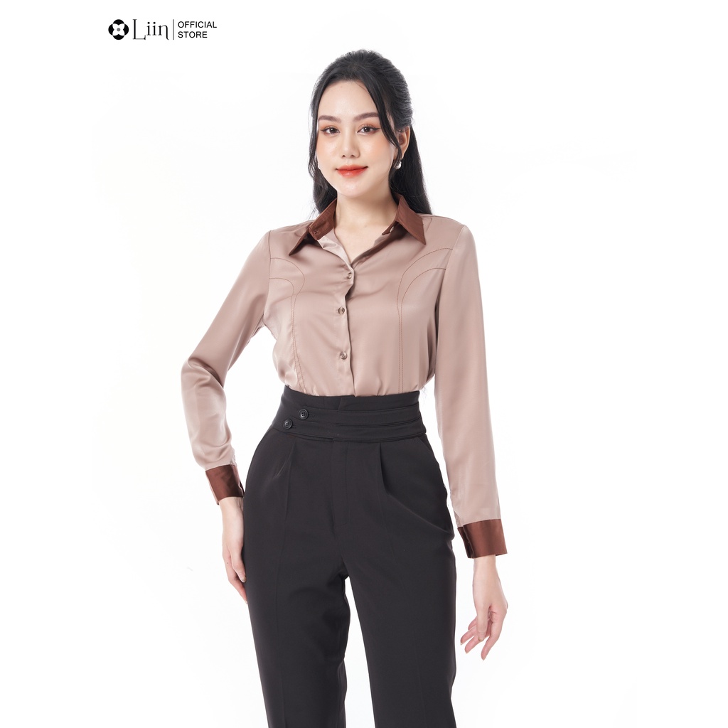 Áo sơ mi nữ cao cấp linbi basic trơn không bóng nâu mix màu sang chảnh, dễ phối đồ liin clothing SM3934