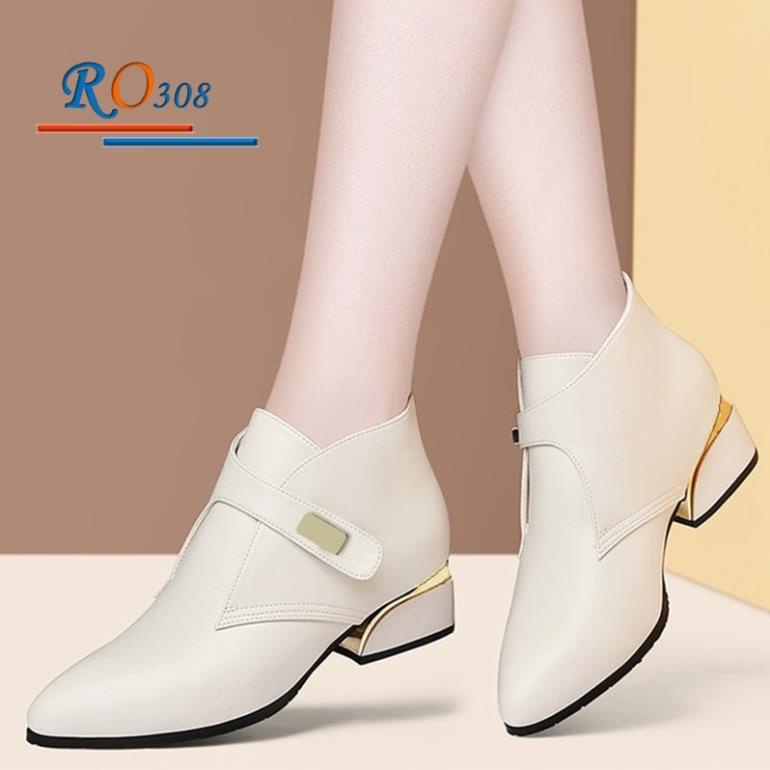 Giày boot nữ cổ thấp cao cấp đế cao 4 phân hai màu đen kem hàng hiệu rosata ro308 ZA