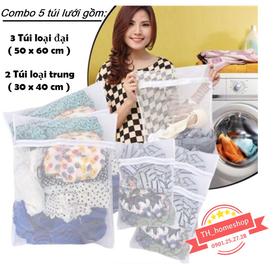 Combo 5 túi lưới giặt đồ gồm túi lớn và trung