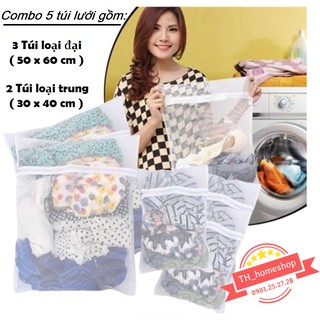 Combo 5 túi lưới giặt đồ gồm túi lớn và trung