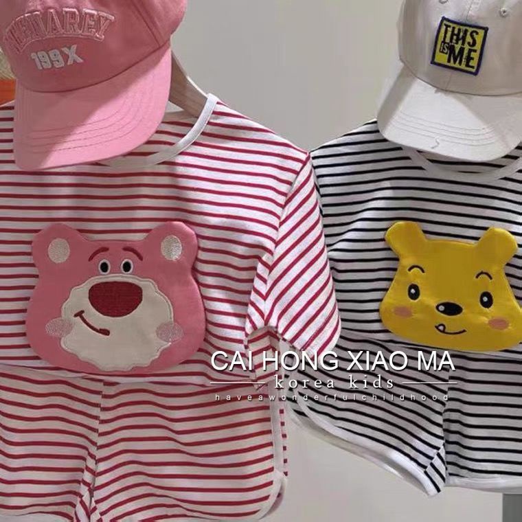 Set Áo Thun Tay Ngắn Kẻ Sọc In Hoạt Hình Phối Quần Short Thời Trang Hè Hàn Quốc 2023 Cá Tính Cho Bé Gái