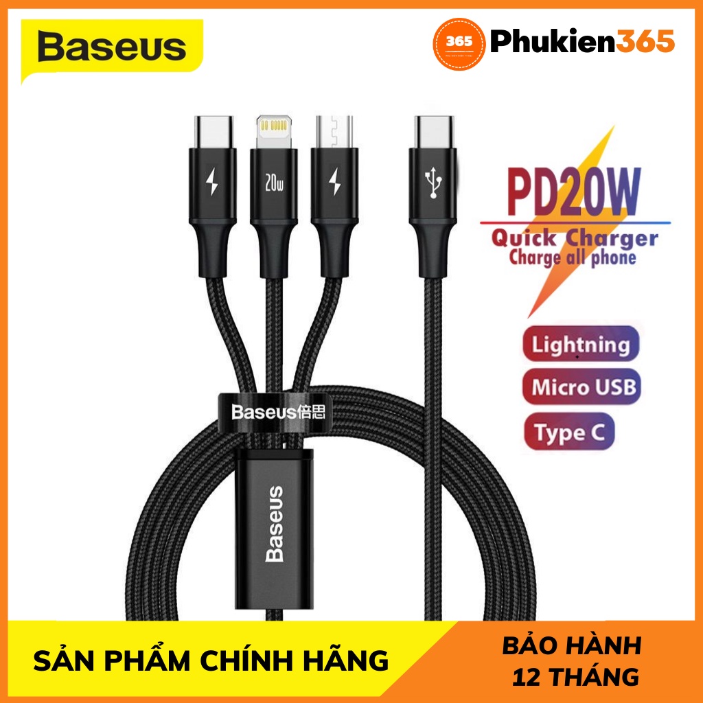 Cáp sạc nhanh 20w 3 trong 1 Type c To Typec Micro dây bọc dù chống gãy gập độ dài 1,5m PD 20w cho ip