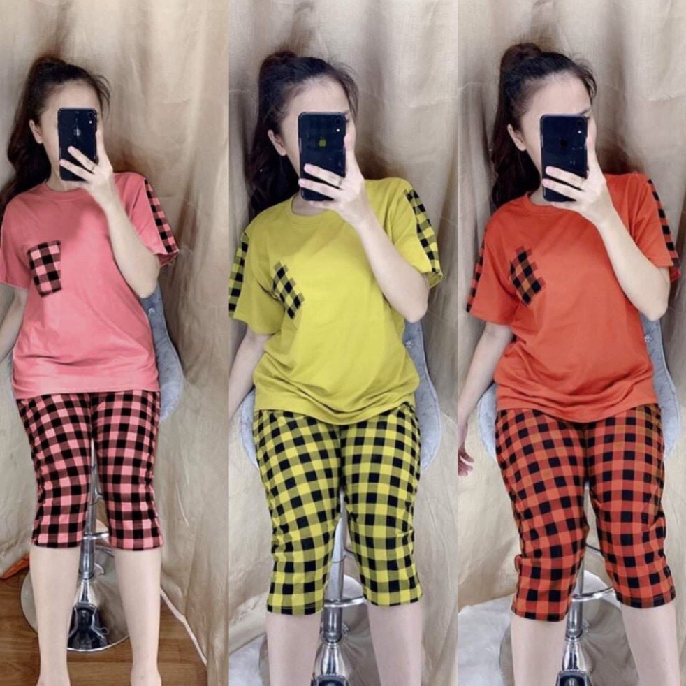 Đồ Bộ Nữ Set Áo Túi Caro Mix Quần Lửng Nhiều Màu Dễ Thương Thoải Mái Mặc Nhà, Đi Chơi Có Size 40-65kg - CT14 ĐB