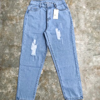 (Bigsize 30-35) Quần Baggy Xanh Đá Rách Te Tua, Lưng Cao, Không Giãn