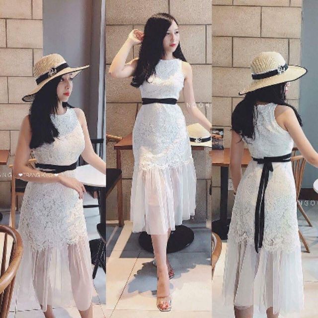 Đầm ren kèm thắt lưng