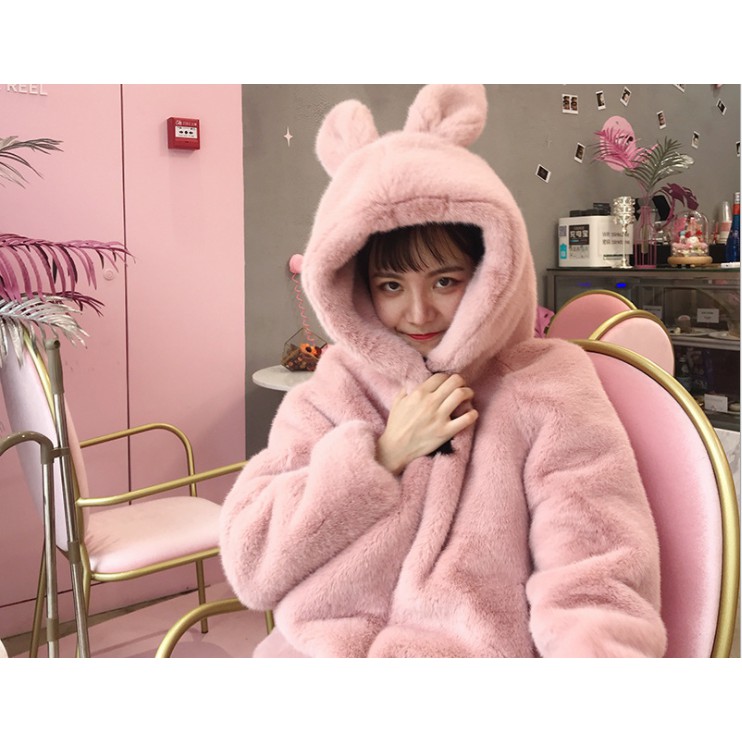 Áo Khoác Lông Nữ Mũ Tai Thỏ Đáng Yêu Ấm Áp Dễ Thương | BigBuy360 - bigbuy360.vn