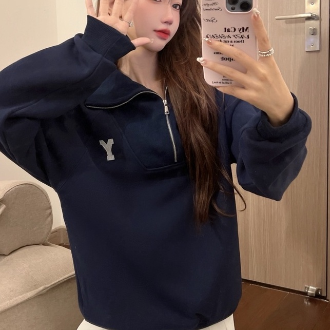 ZHELIHANGFEI Áo Thun POLO Tay Dài Có Dây Kéo Với Họa Tiết Thêu Theo Phong Cách Preppy Hợp Thời Trang