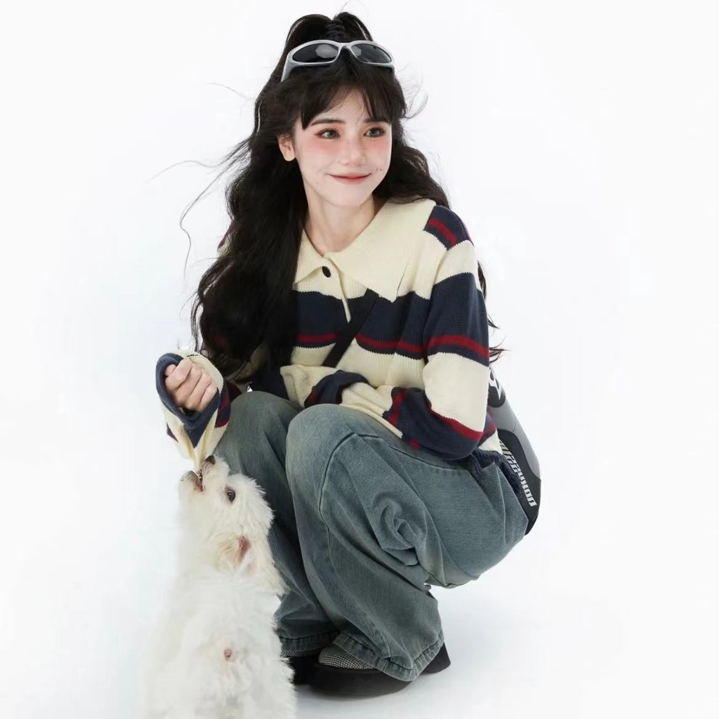 Áo Sweater Dệt Kim Cổ polo Kẻ Sọc Phong Cách Retro Mỹ Thời Trang Mùa Thu Hàn Quốc 2022 Mới Dành Cho Bạn Gái