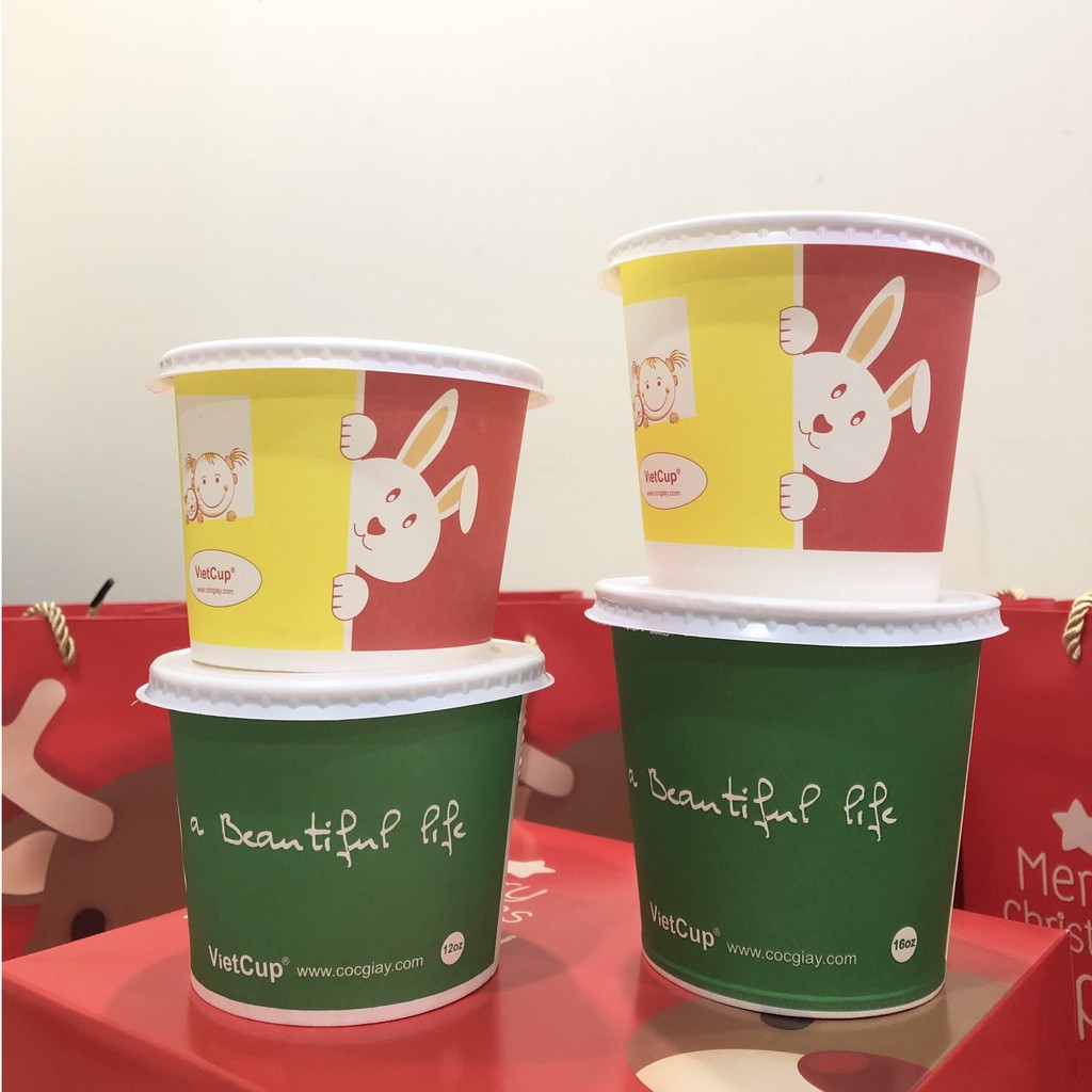 50 cốc giấy 12oz~ 360ml có nắp đựng canh cơm cháo ly giấy đựng kem sốt có nắp LB12 - Paper cup Hộp giấy