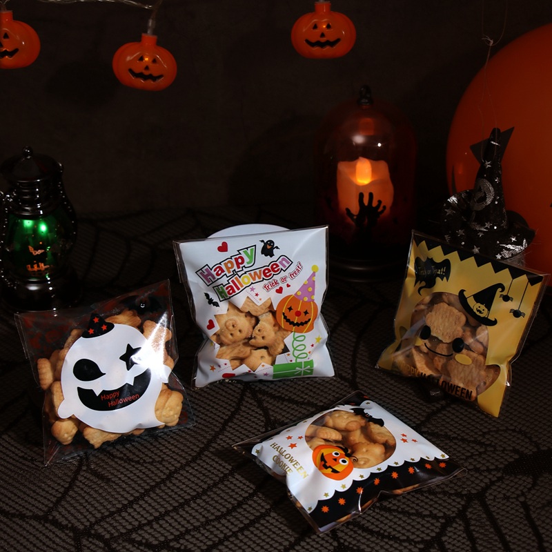 Set 100 Túi Nhựa Đựng Bánh Kẹo In Chữ Happy Halloween Tiện Dụng