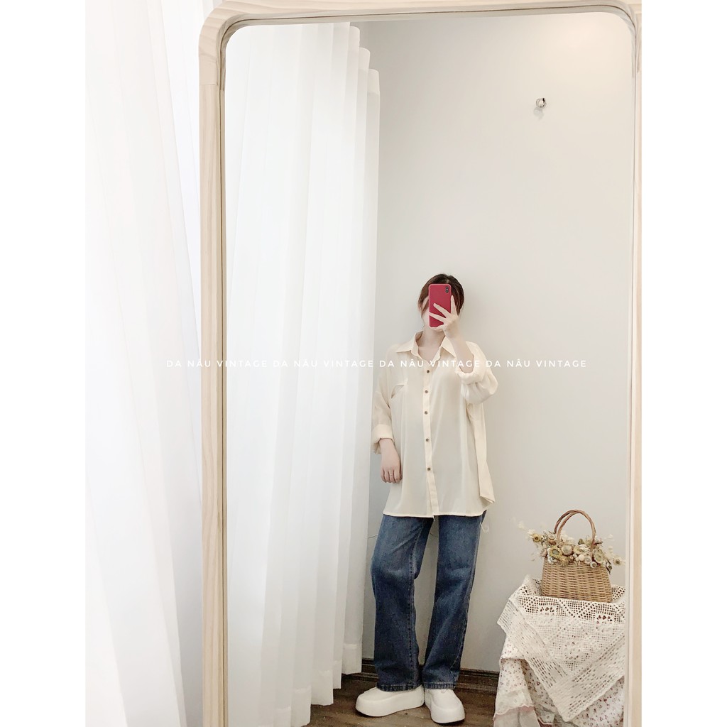 Áo sơ mi nữ lụa trơn freesize dài tay túi giả – Da Nâu Vintage