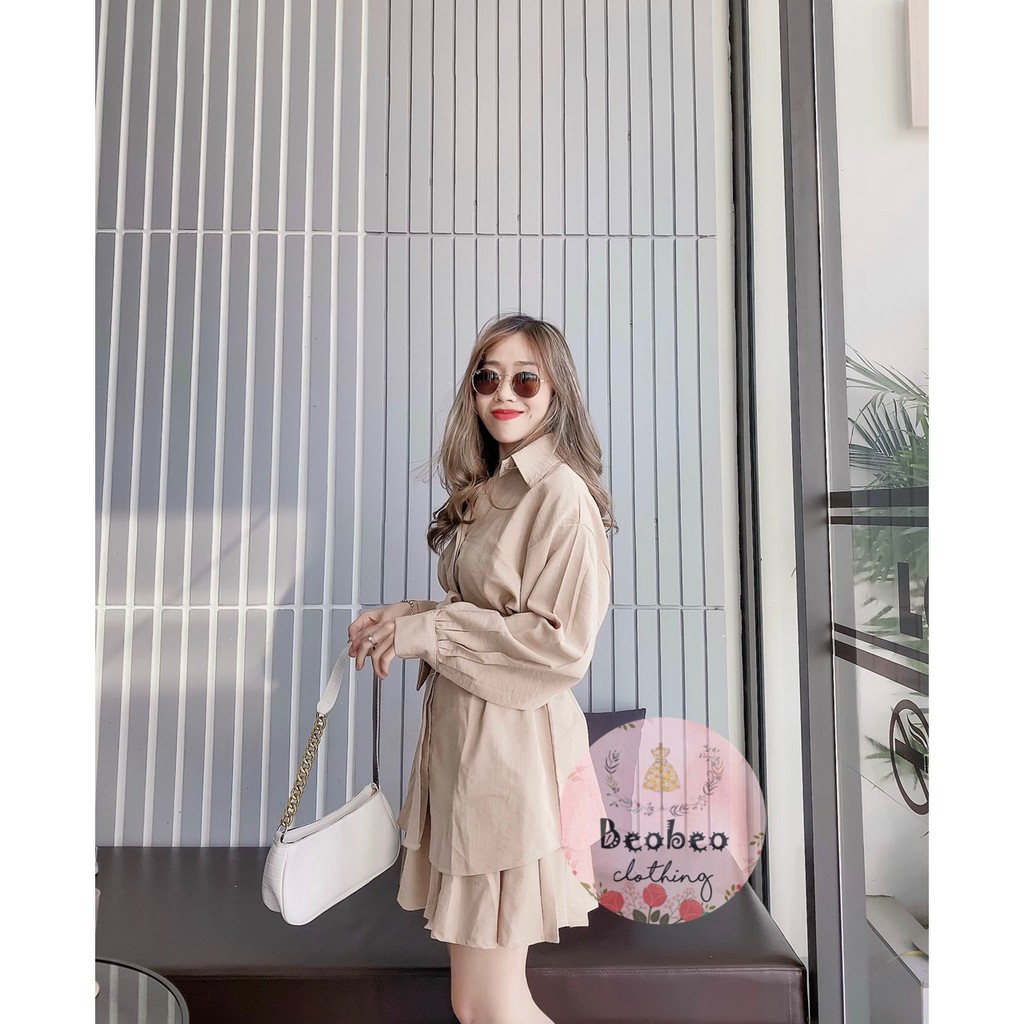 Set áo sơ mi tay phồng thắt nơ kèm chân váy xếp ly ulzzang