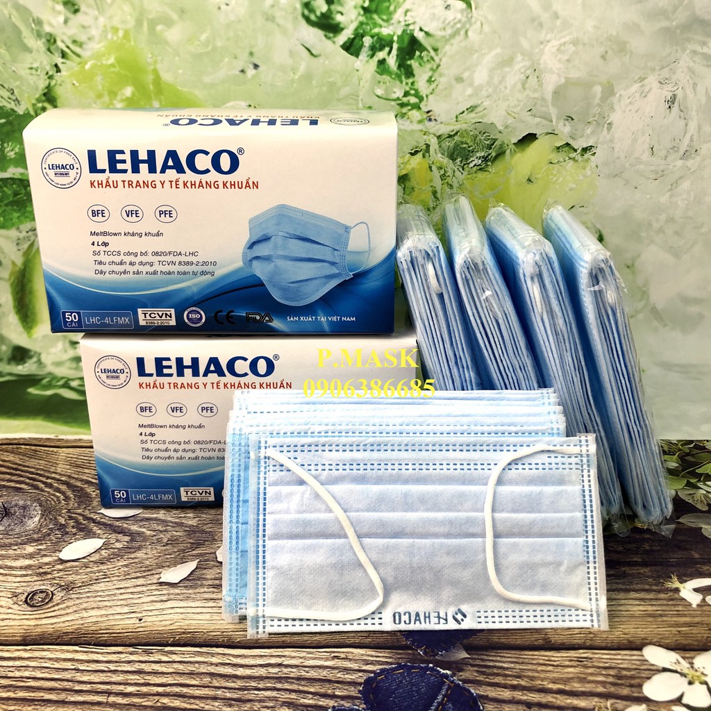 Khẩu trang 4 lớp Lehaco màu Xanh Kháng Khuẩn hộp 50 cái | BigBuy360 - bigbuy360.vn