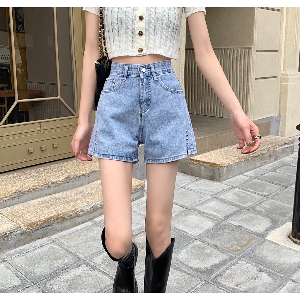 Quần short denim Xiaozhainv lưng cao ống rộng xẻ tà thời trang mùa hè cho nữ