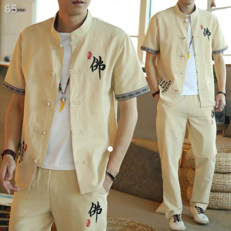 Tiếng Trung phong cách nam giới ngắn tay phù hợp với mùa hè thêu bông cộng kích thước áo sơ mi cardigan hai mảnh