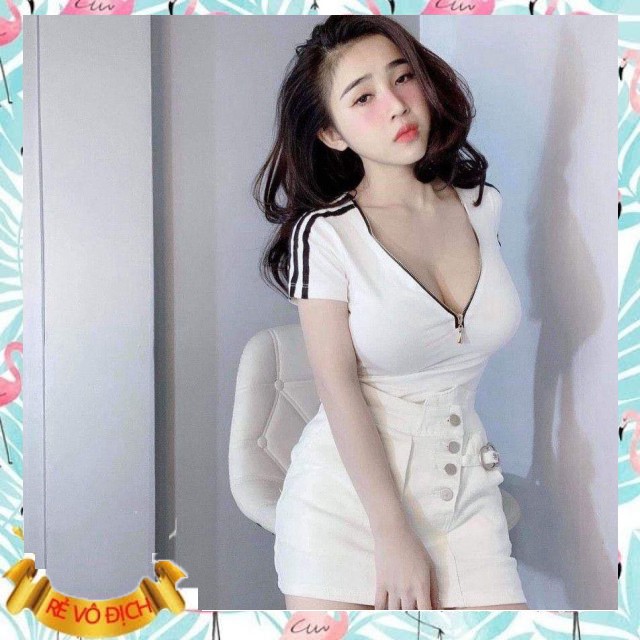 xả kho 11439 Áo thun ôm body dây kéo ngực tay sọc sexy xả kho