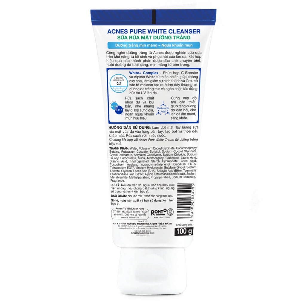 Sữa Rửa Mặt Acnes Dưỡng Trắng Da Ngừa Mụn 100g Rohto Nhật Pure White Cleanser Srm AHA BHA Hyaluronic Acid Dưỡng Ẩm Dezy